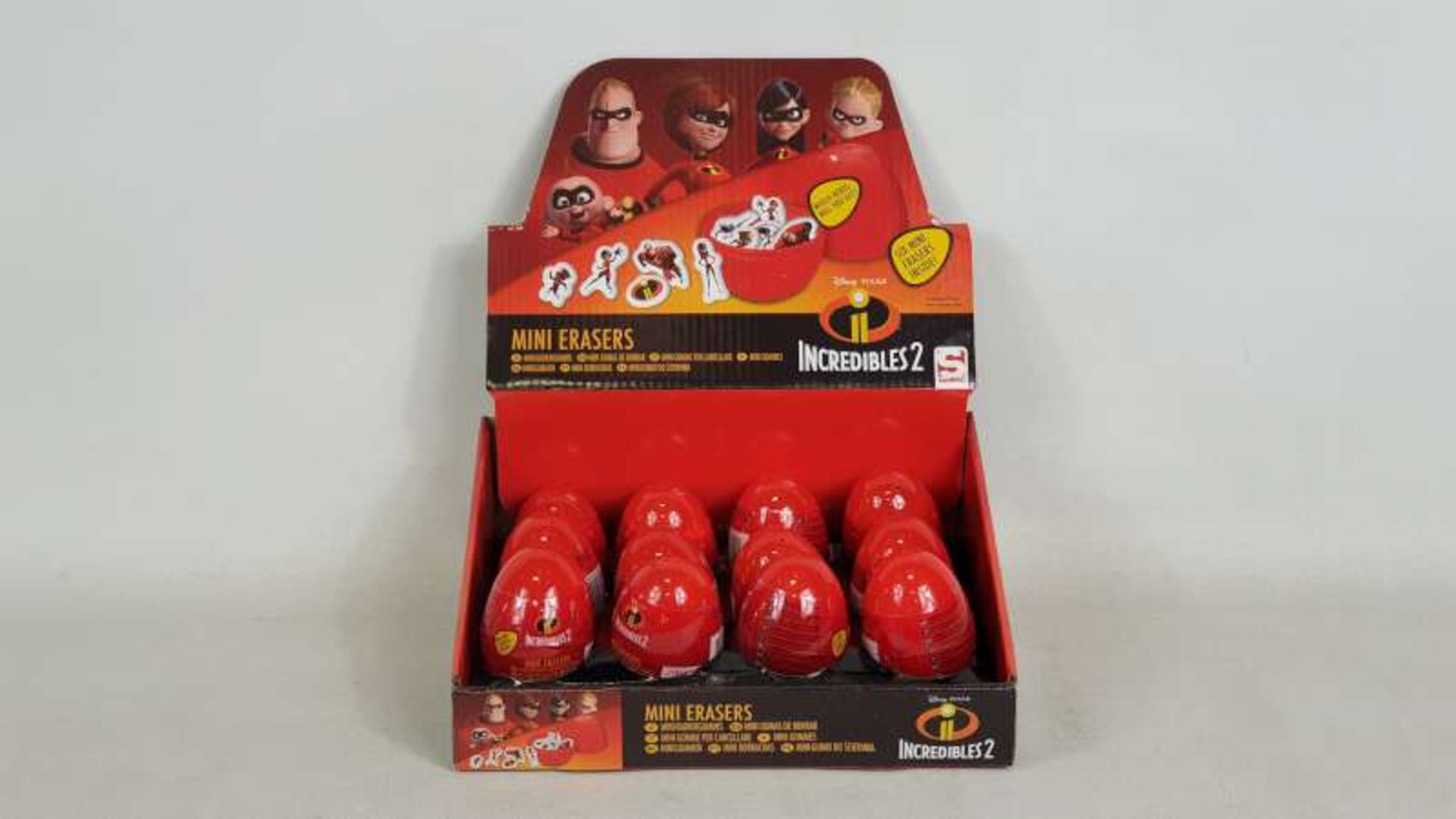 96 X BRAND NEW BOXED INCREDIBLES SECRET EGG FLAT ERASERS IN DISPLAY CASES IN 2 BOXES