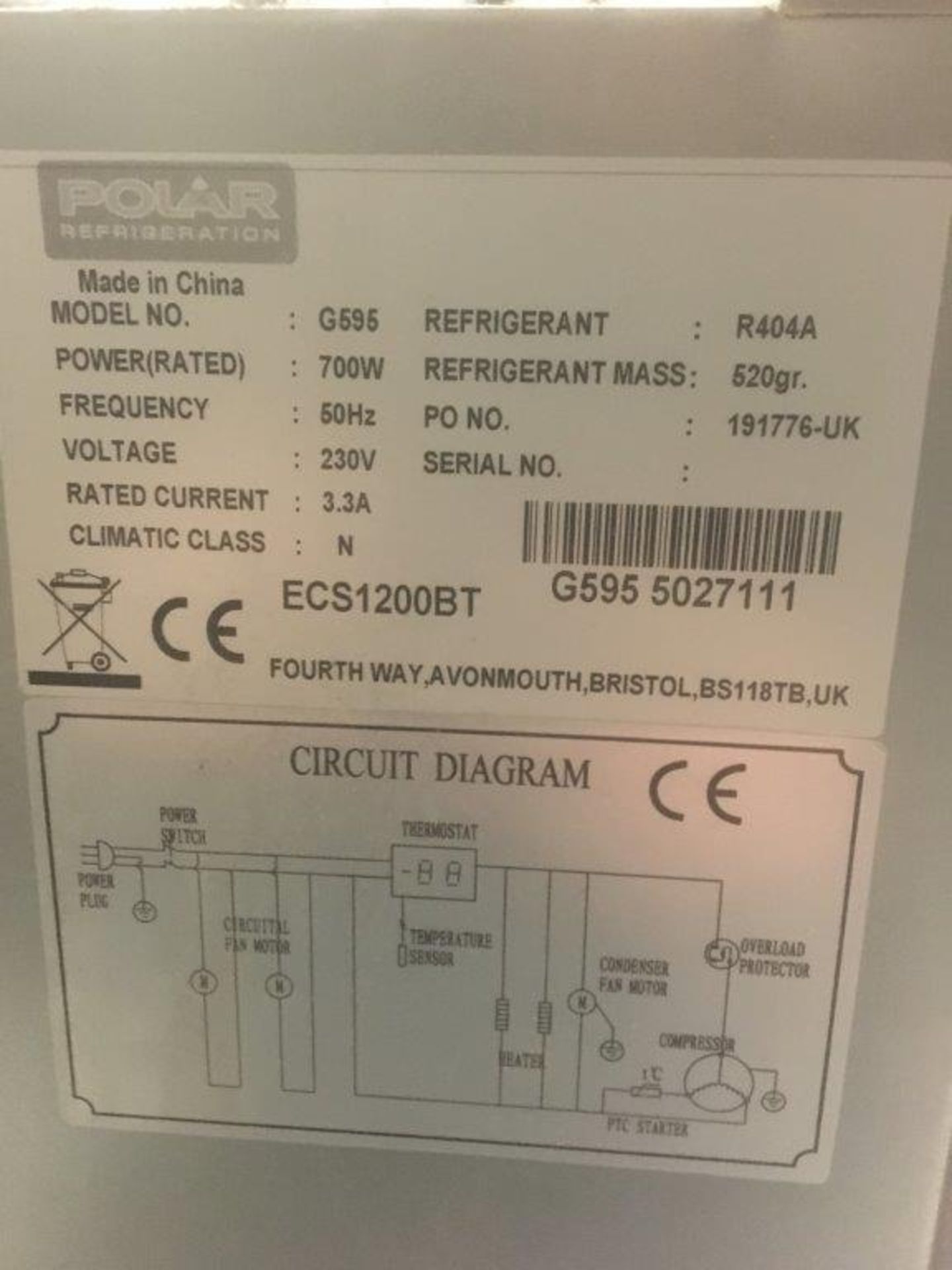 Polar stainless steel double door upright freezer, Serial Number G595 5027111 - Image 4 of 4