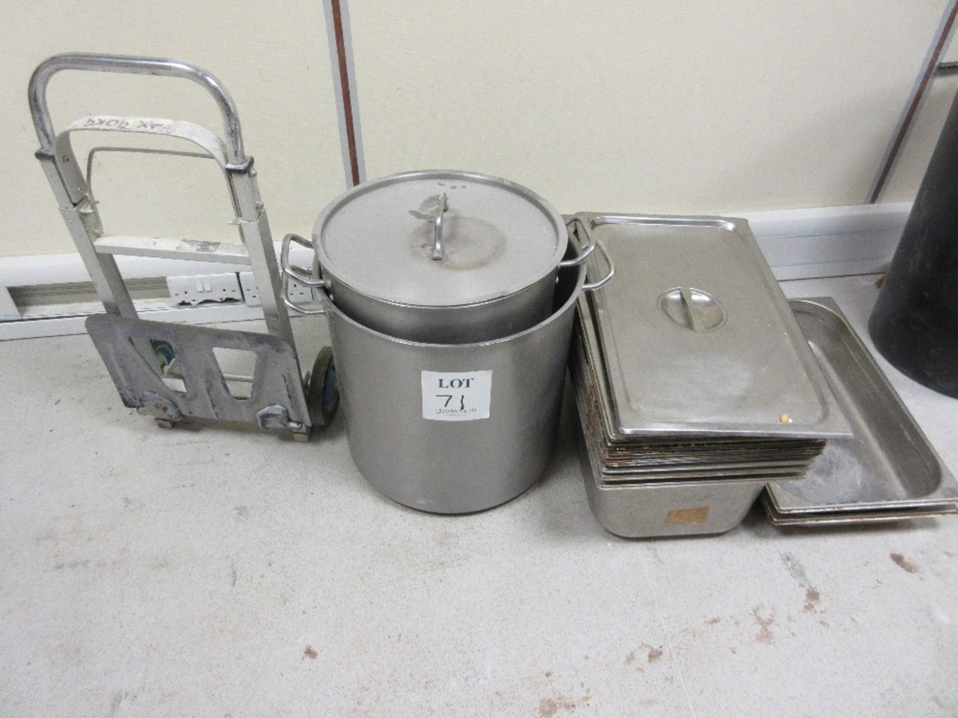 Folding sack truck with two stainless steel pots and a quantity of bain marie lids