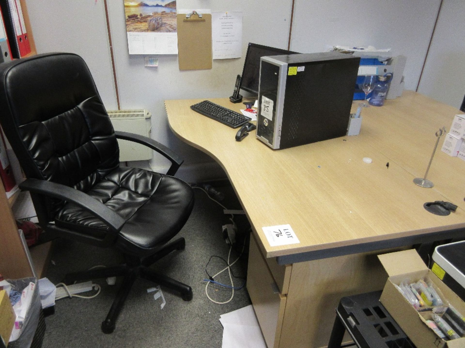 Light oak wave-fronted work station - 160cm with black leatherette armchair and under-desk pedestal