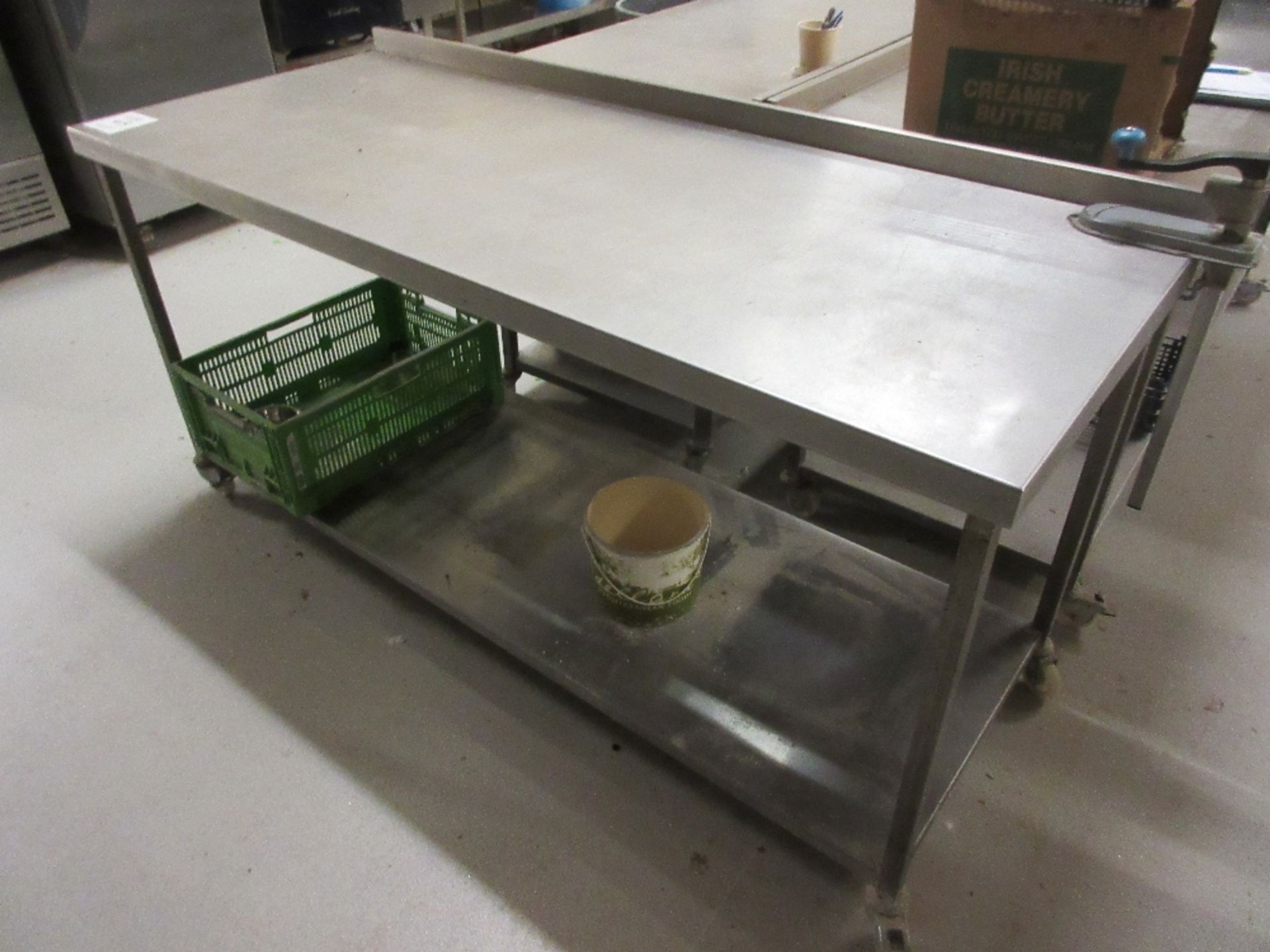 Mobile stainless steel table 180cm x 75cm, complete with can opener