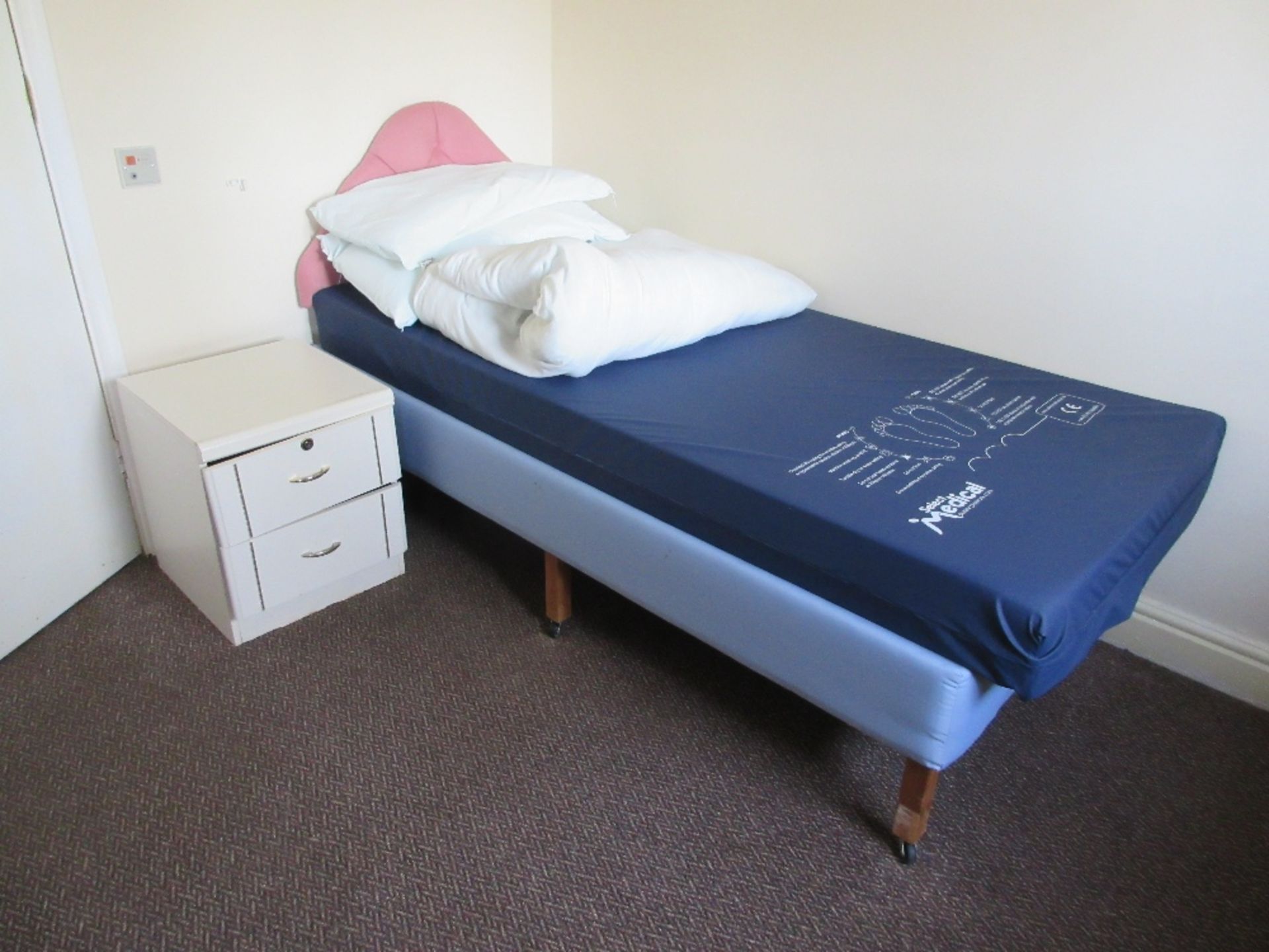 Contents of Room 6 to include: bed base and mattress, wardrobe, three drawer unit, two drawer