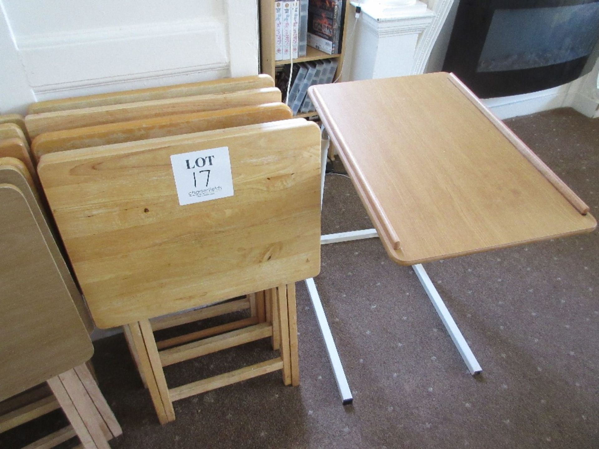 5 - Small wooden folding tables and 1 low over table on metal stand