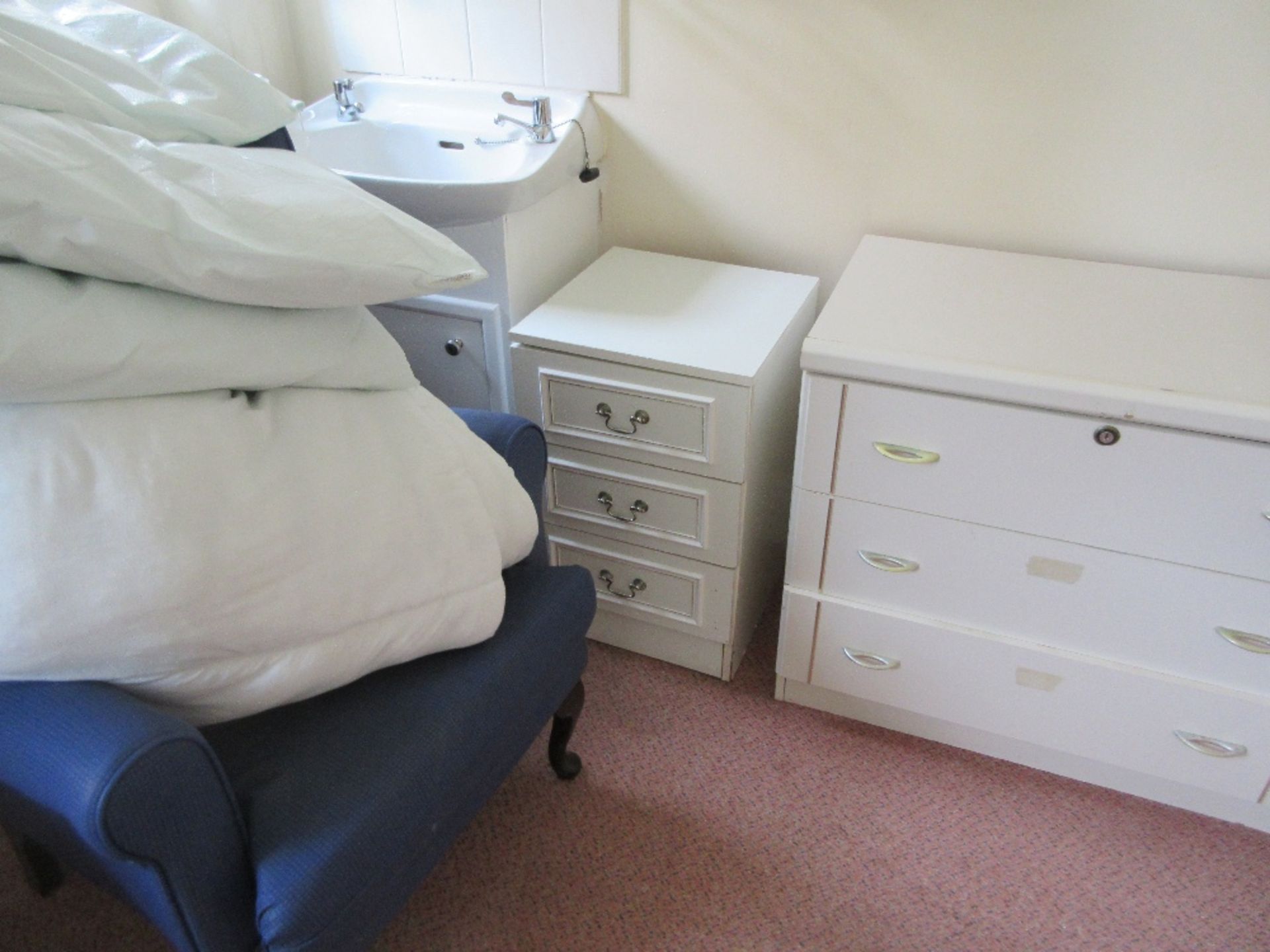 Contents of Room 8 to include: wardrobe, three drawer bedside cabinet, chair, sensor mat, commode - Image 3 of 4