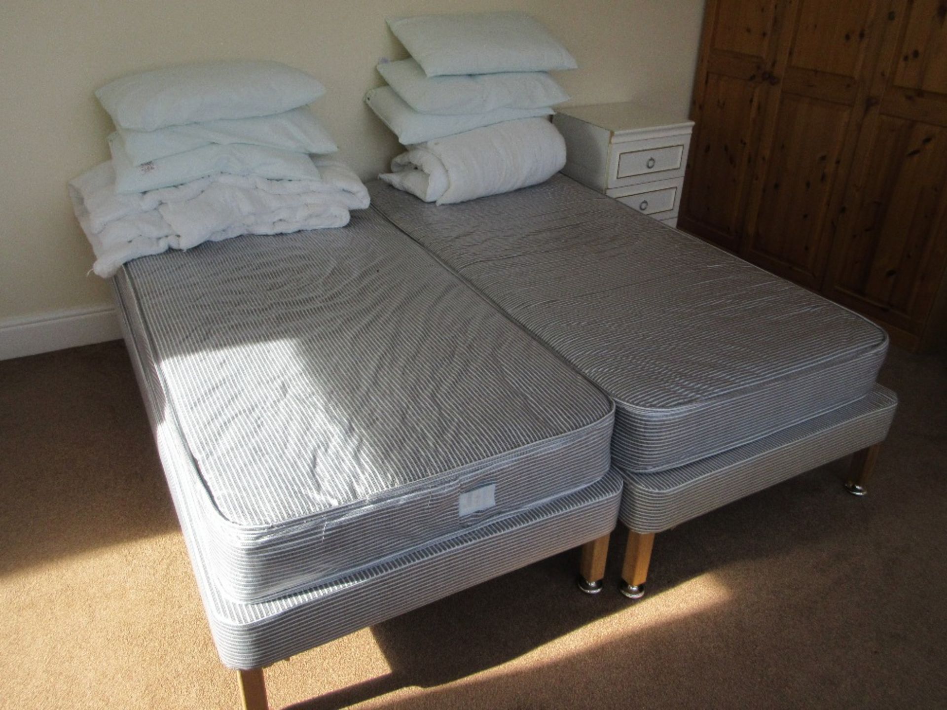 Contents of Room 19 to include: 2 bed base and mattress, 2 commodes, bedside table with 1 drawer,