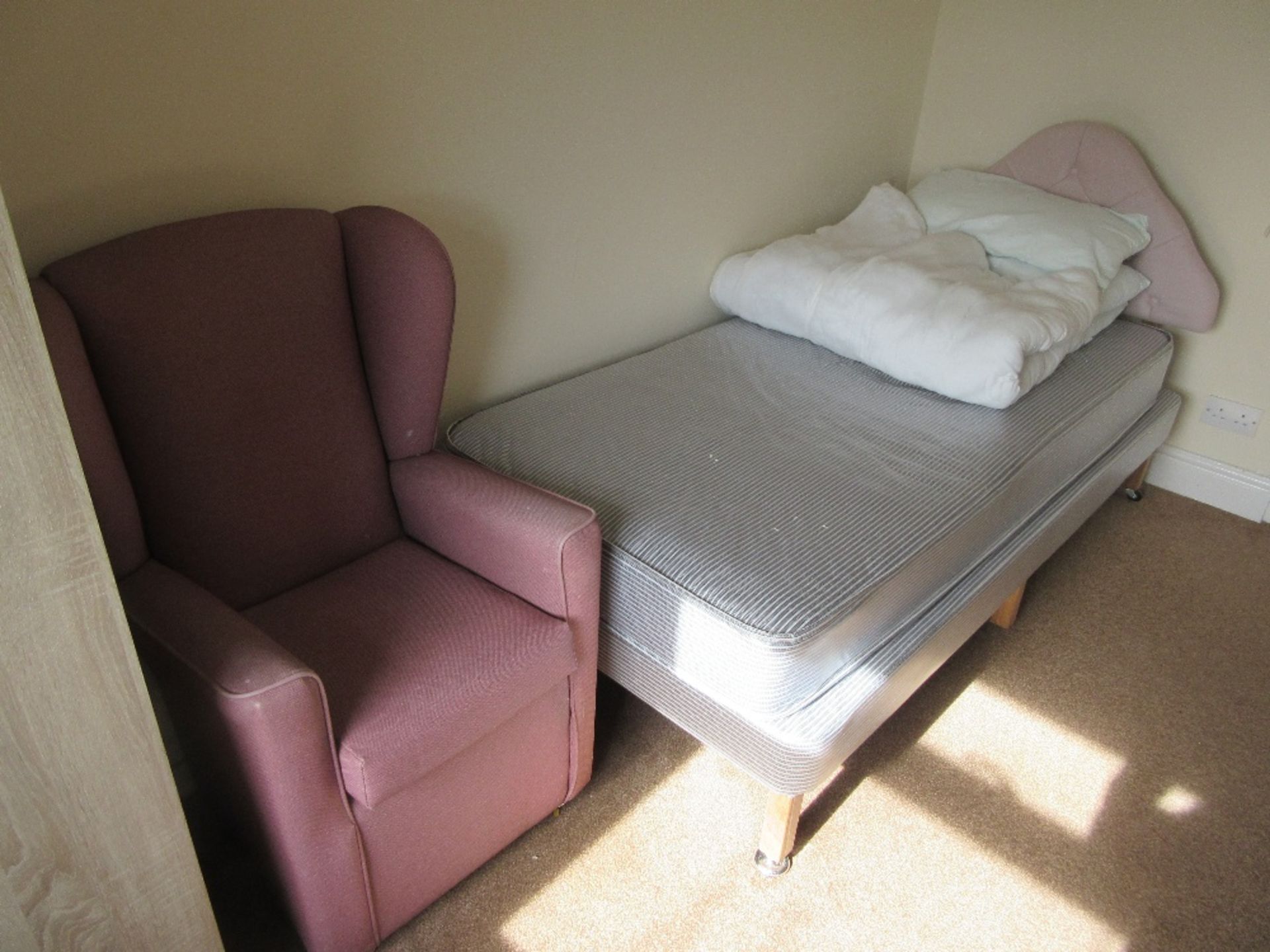 Contents of Room 4 to include: bed frame and mattress, 2 wardrobes, 2 commodes, three drawer bedside