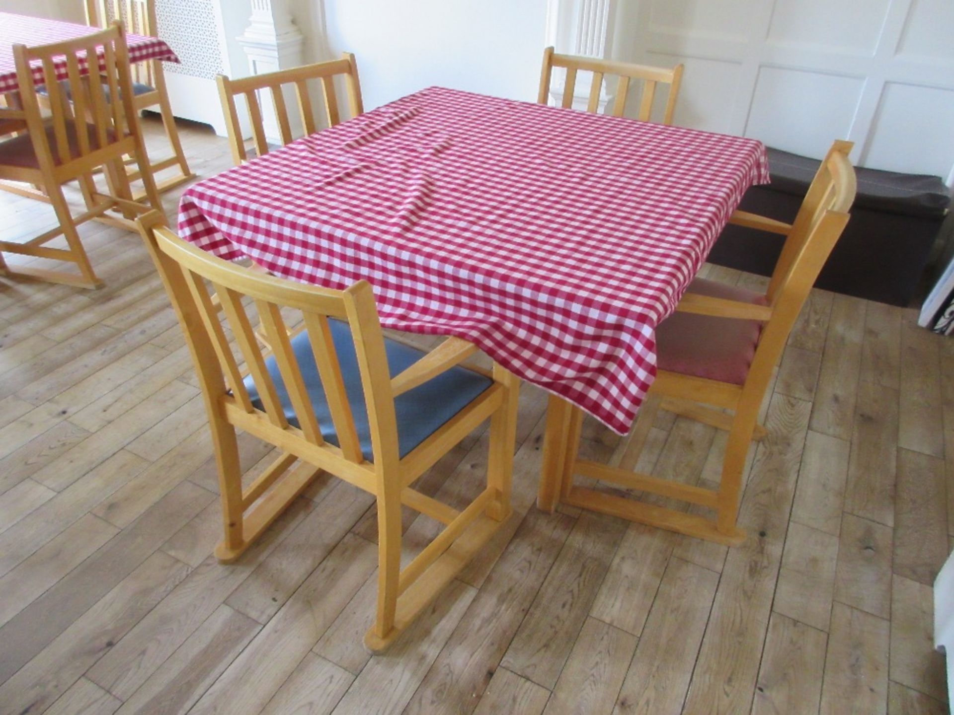 3 - Square wooden framed tables with 12 chairs
