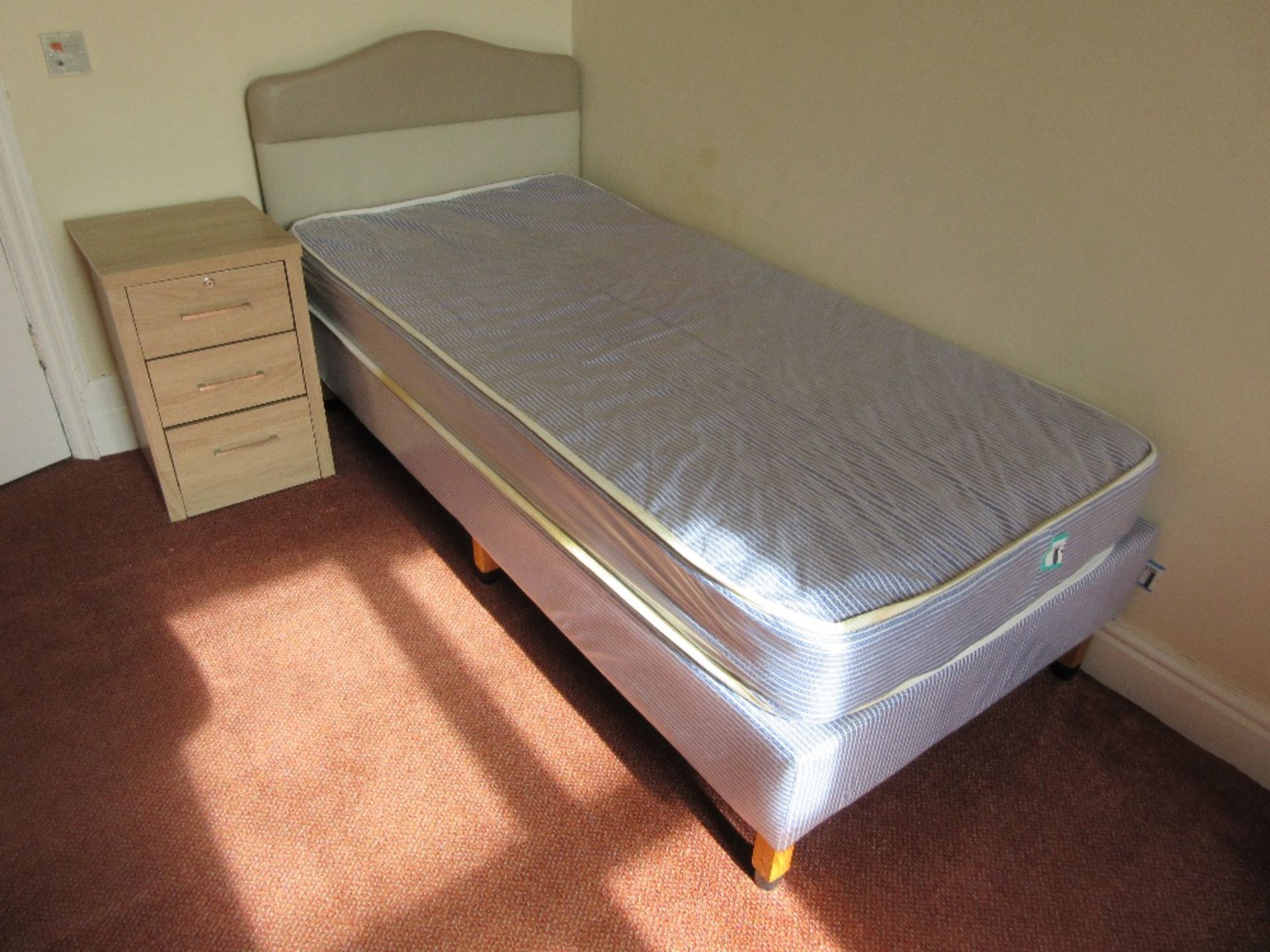 Contents of Room 11 to include: wardrobe, three drawer set, bedside cabinet, commode, bed base and