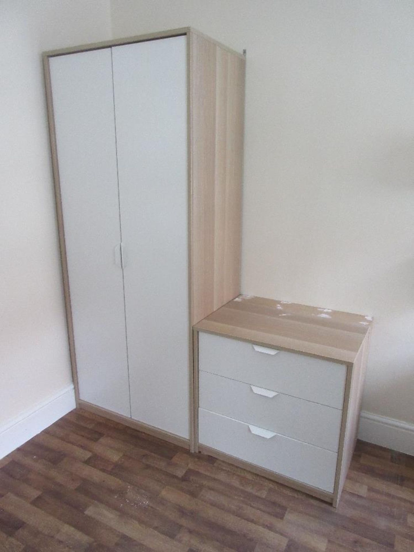 Contents of Room 9 to include wardrobe and three drawer set, chair, bed base and mattress, folding - Image 3 of 4