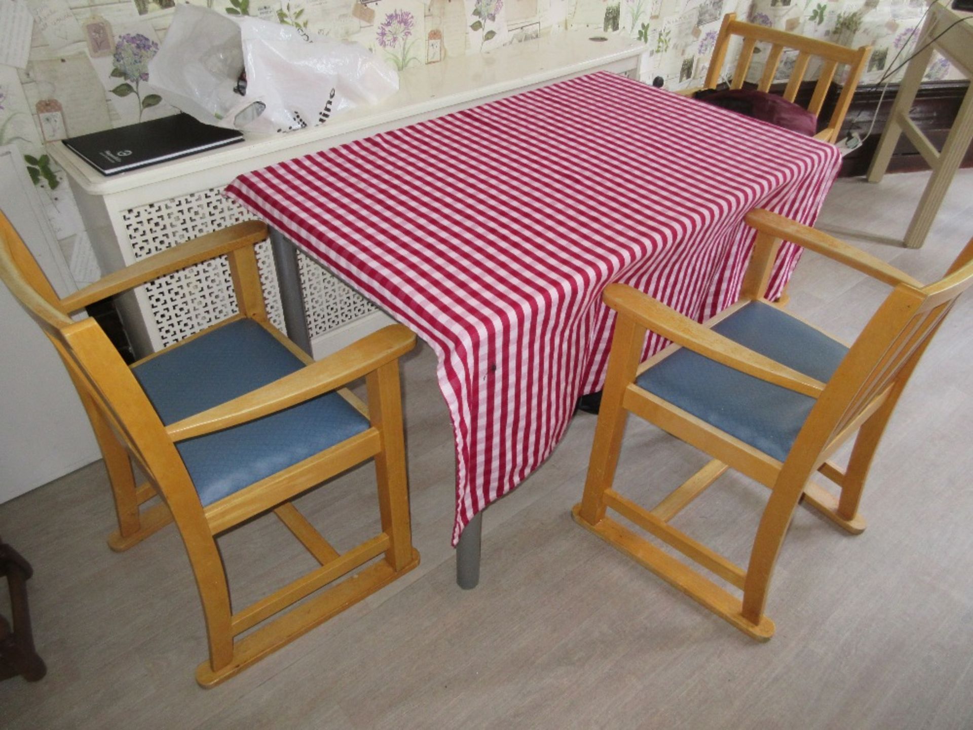 3 - Wooden topped tables with 9 wooden framed chairs with vinyl base