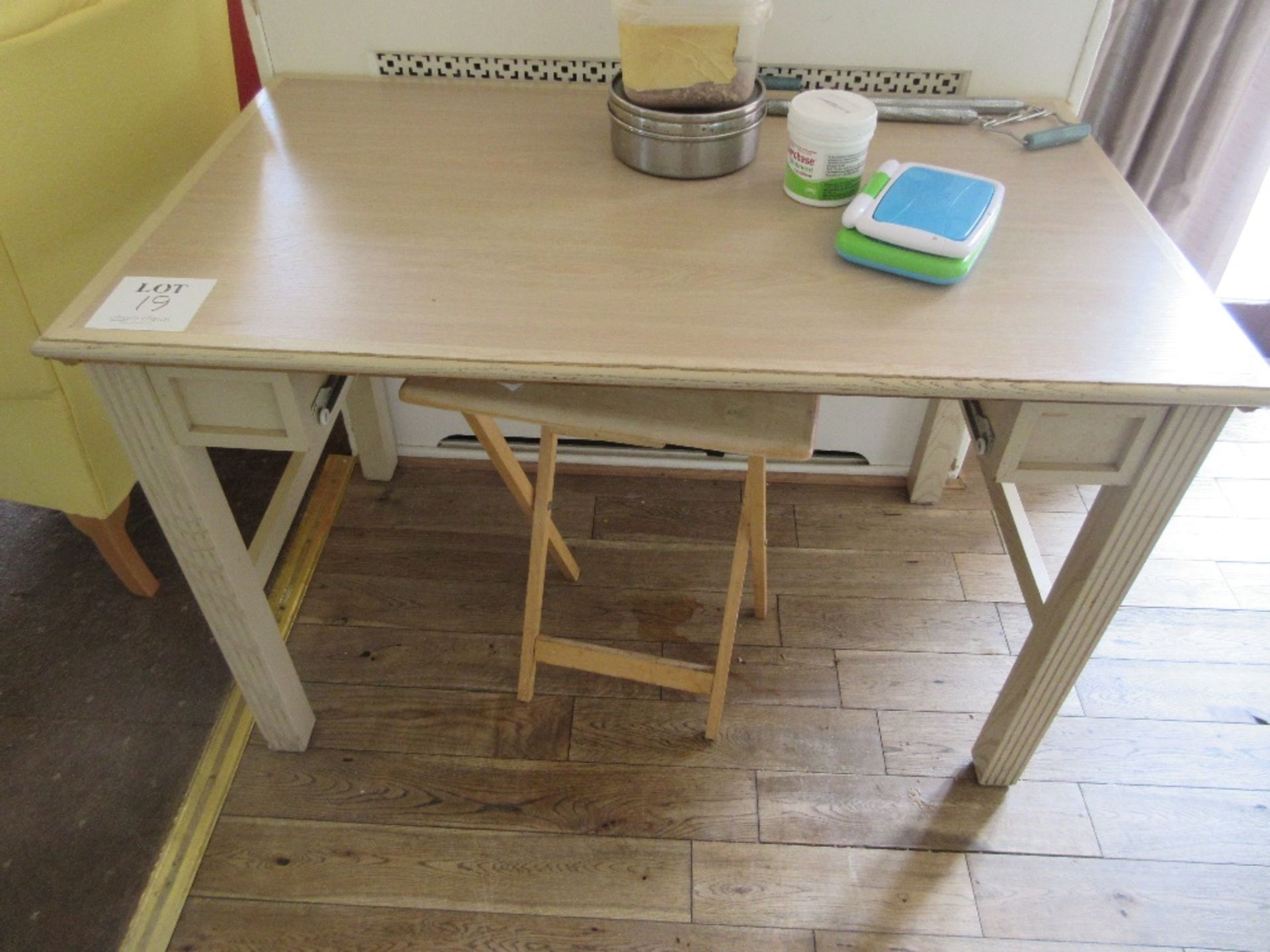 Remaining contents of dining room to include: beech table with chair, 2 DVD shelves, 2 small