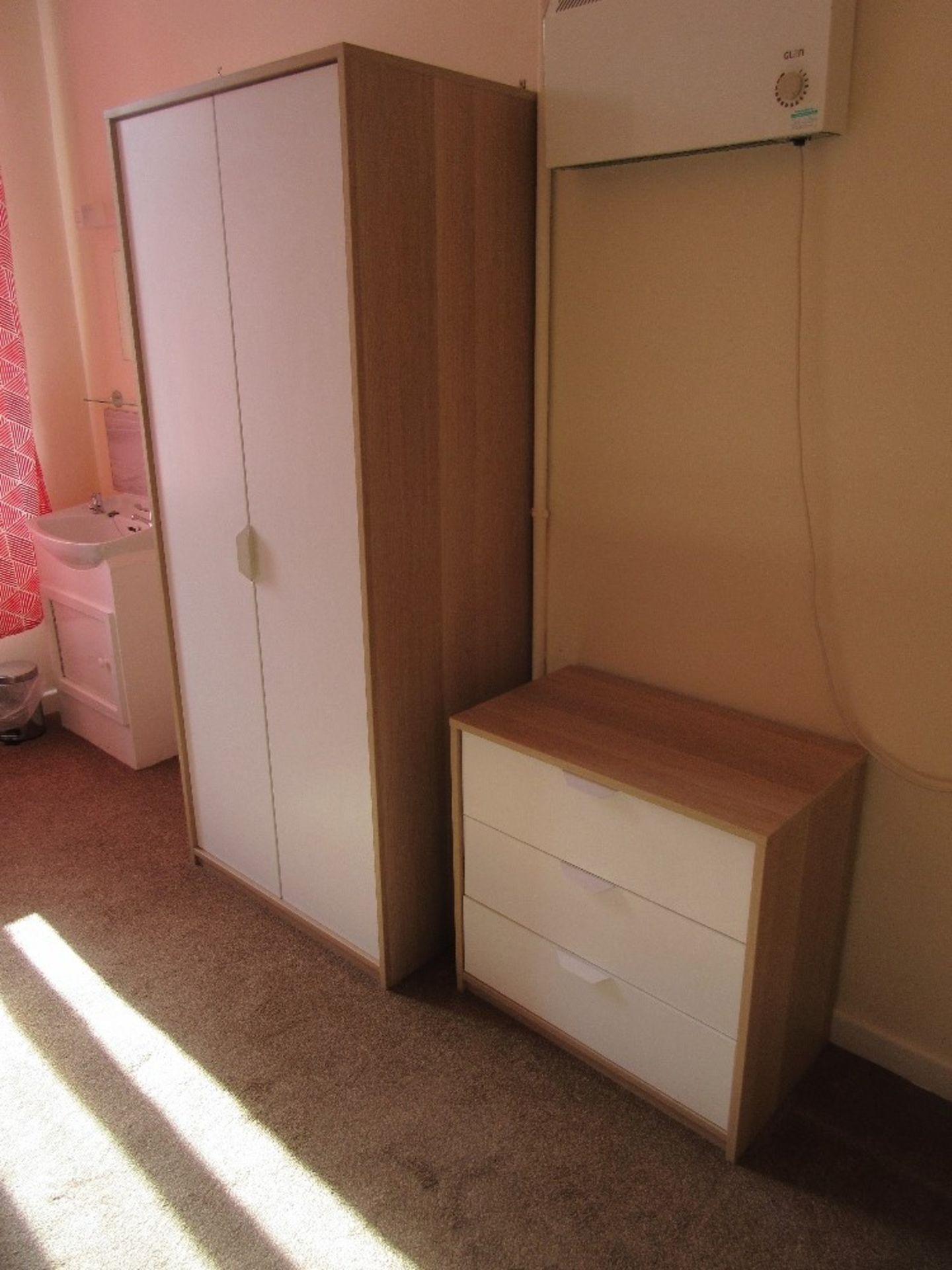 Contents of Room 13 to include bed base, mattress, glass shelf, wardrobe, three drawer unit, - Image 3 of 6