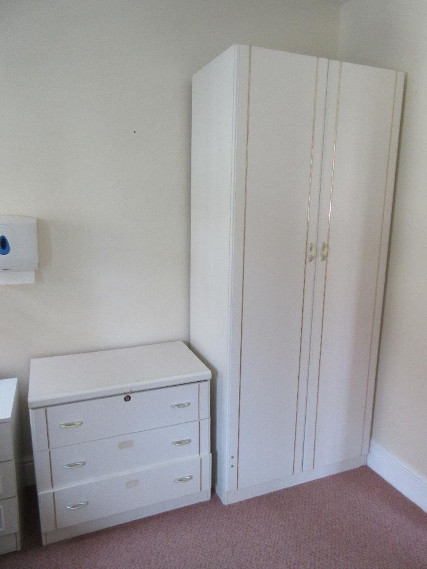 Contents of Room 8 to include: wardrobe, three drawer bedside cabinet, chair, sensor mat, commode - Image 2 of 4