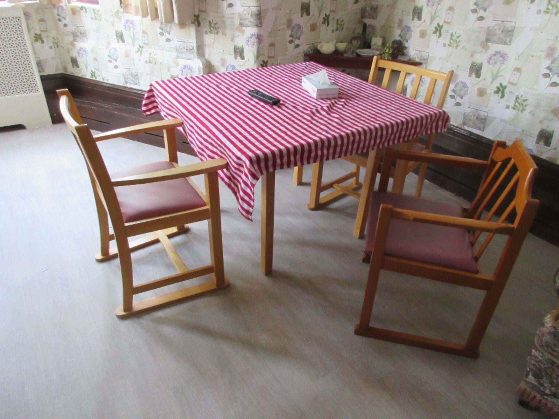 3 - Wooden topped tables with 9 wooden framed chairs with vinyl base - Image 2 of 3