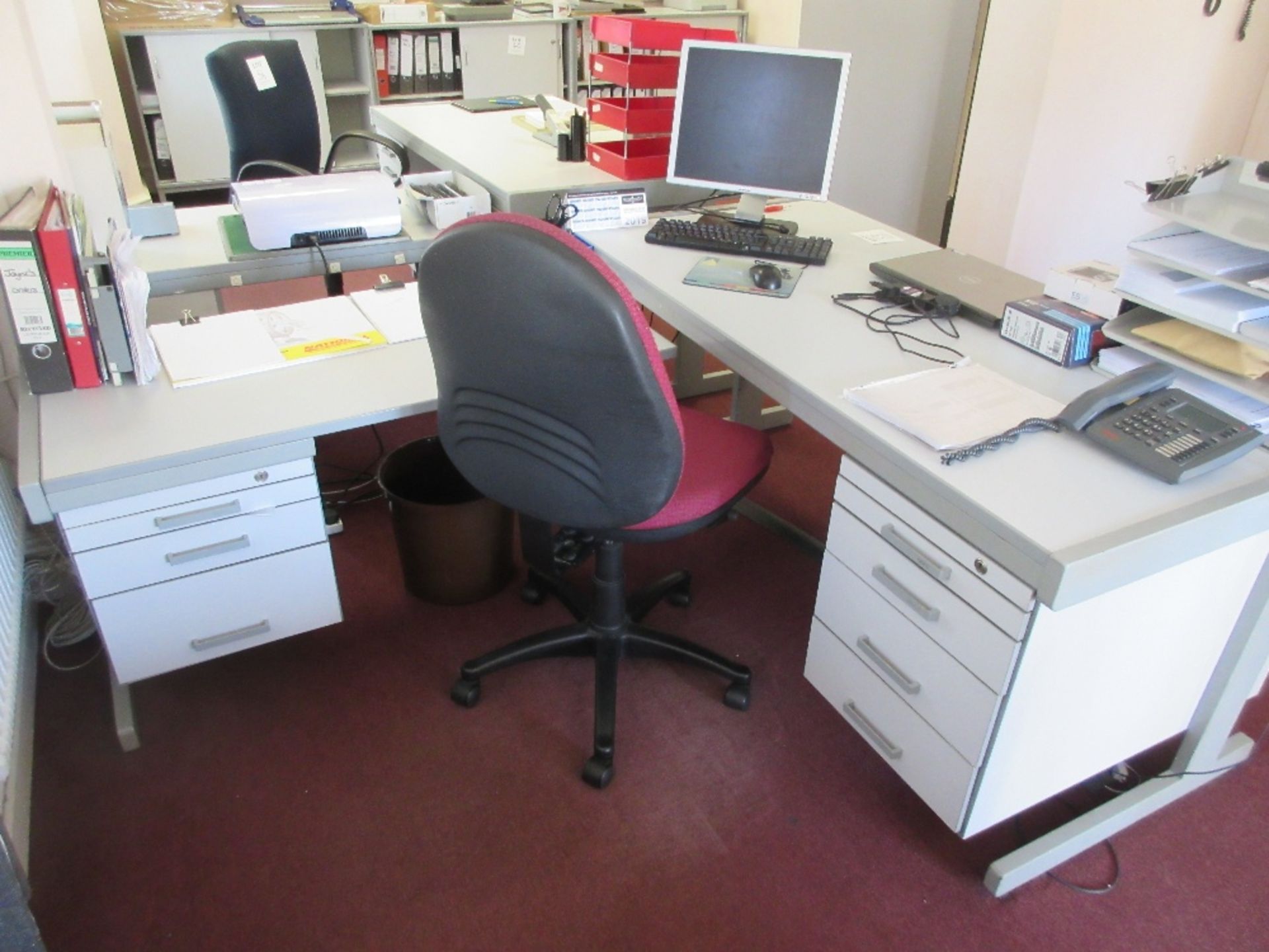 Grey laminated single pedestal desk with return