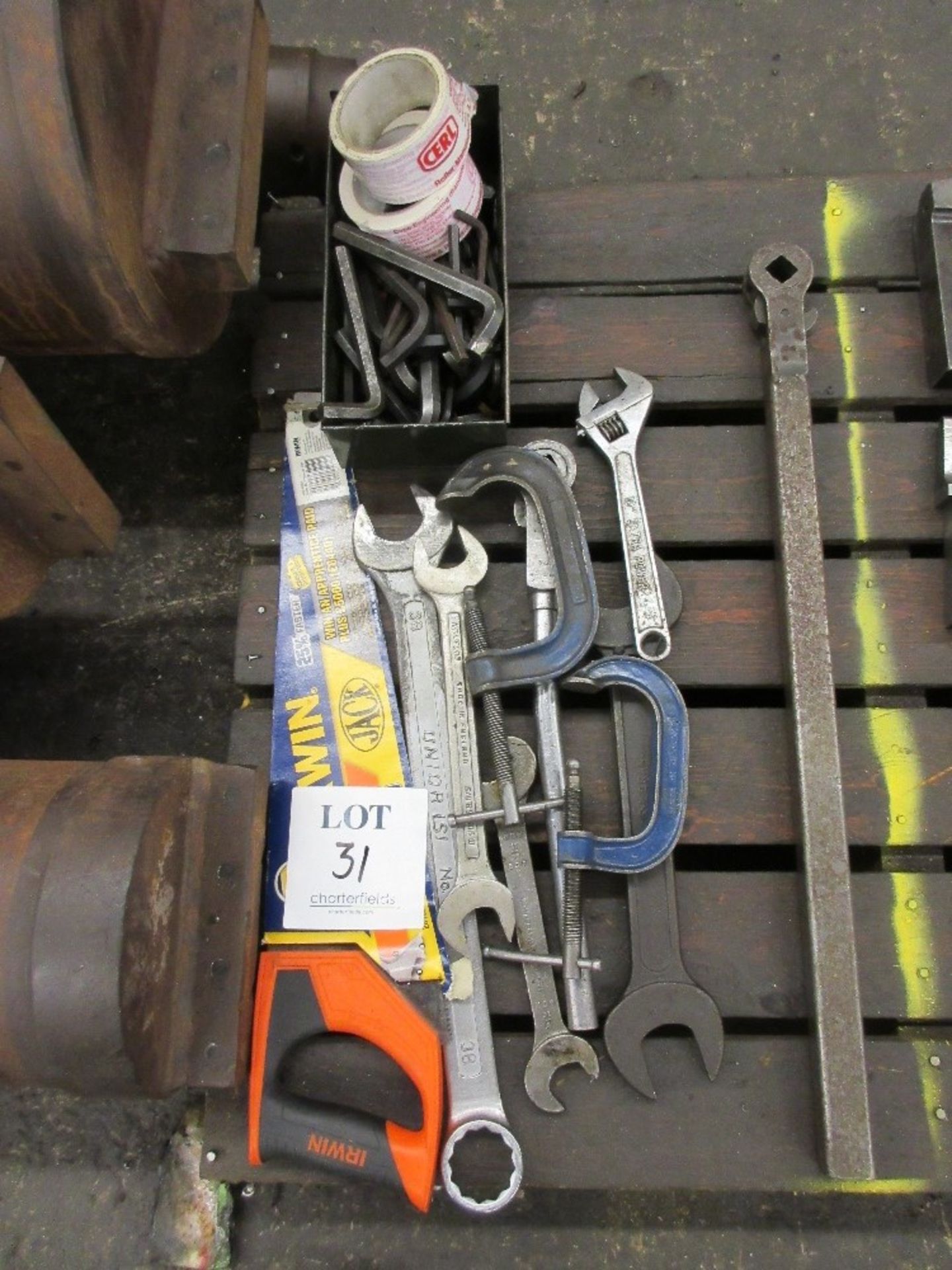 Various tools, including saws, spanners and allen keys