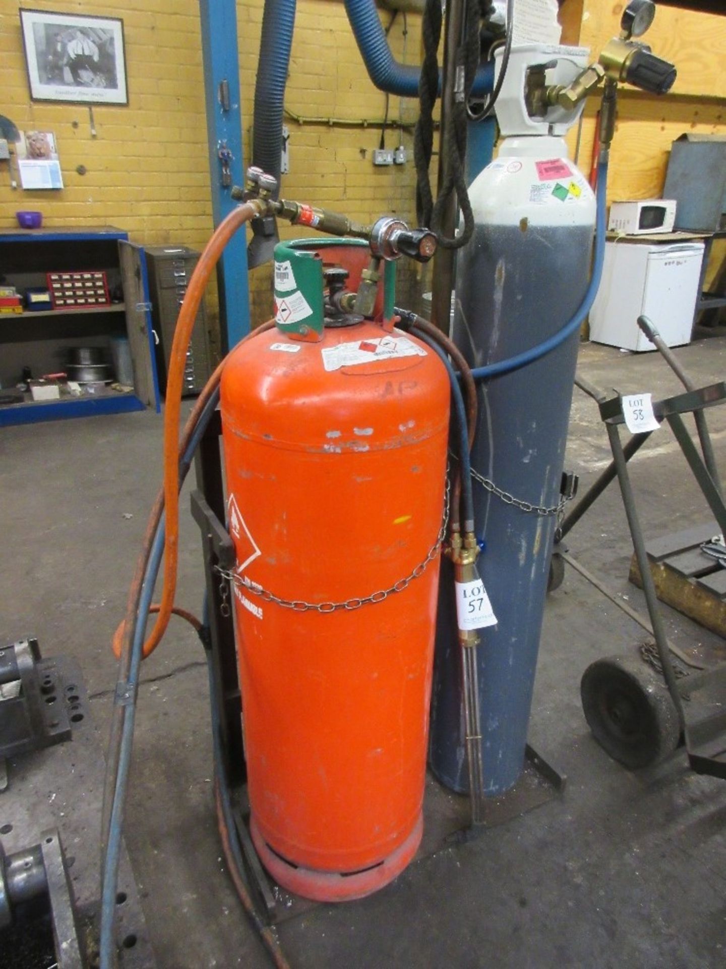 Oxyacetylene torch, tubes, gauges and bottle trolley - NB Bottles not included