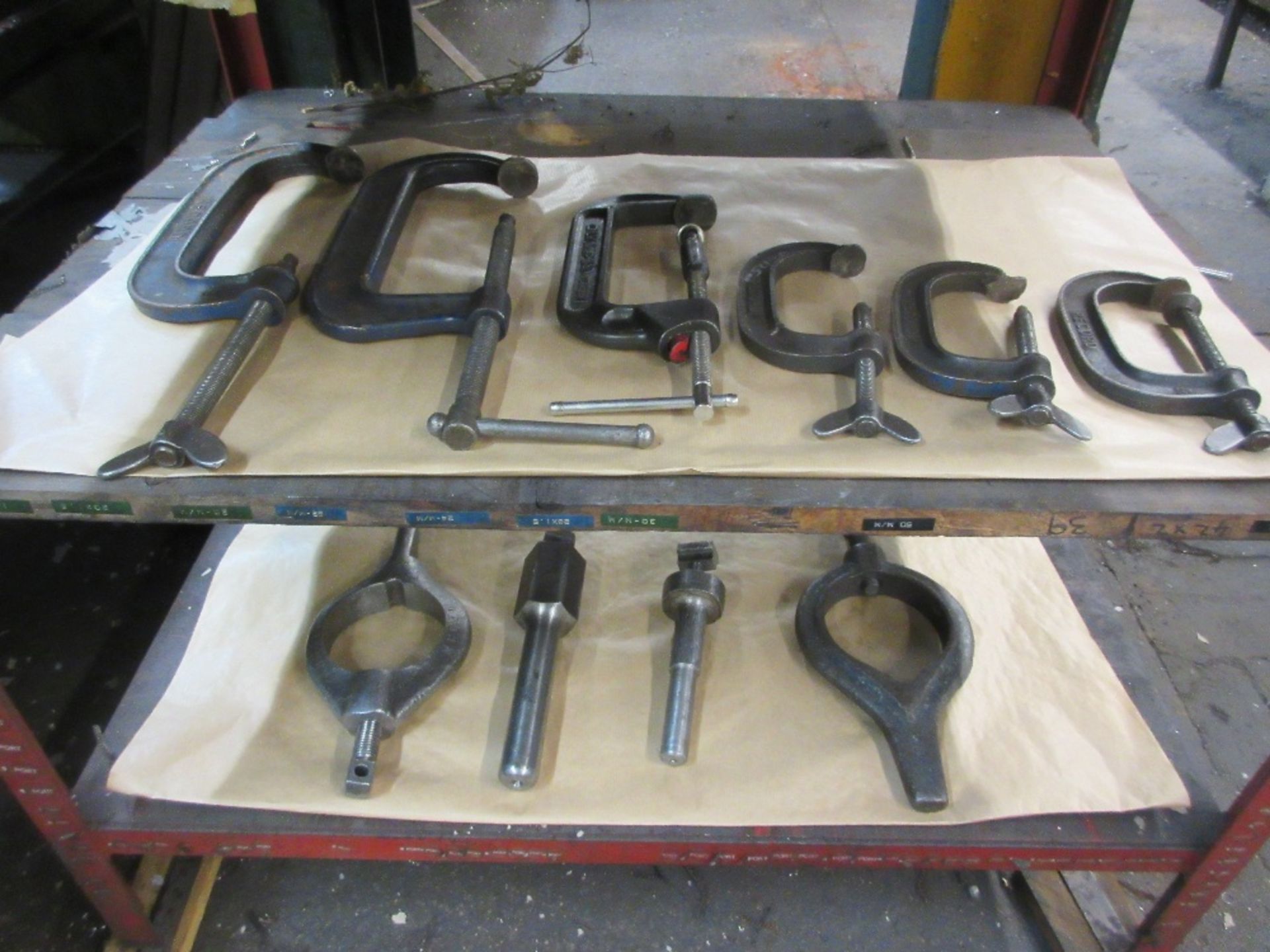 3 shelf stand containing 6 G clamps, various lathe tools and 2 - driving dogs - Image 3 of 3