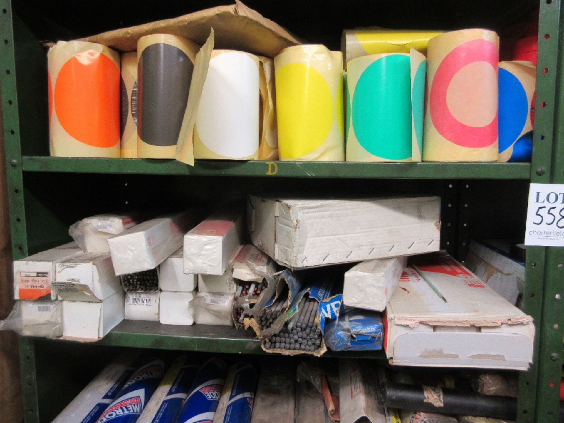 2 - steel shelves containing various welding rods, welding wire and tape and overalls - Image 2 of 6