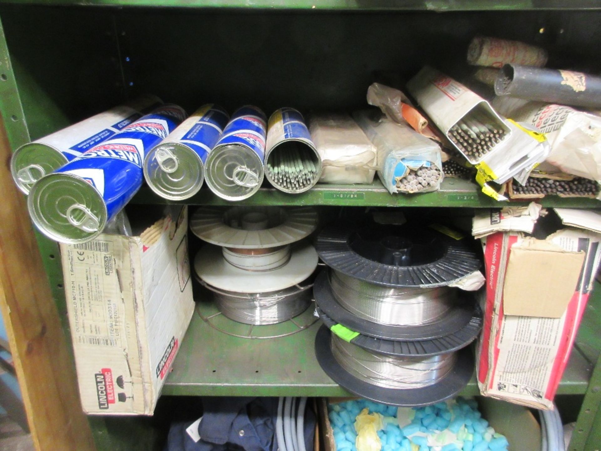 2 - steel shelves containing various welding rods, welding wire and tape and overalls - Image 4 of 6