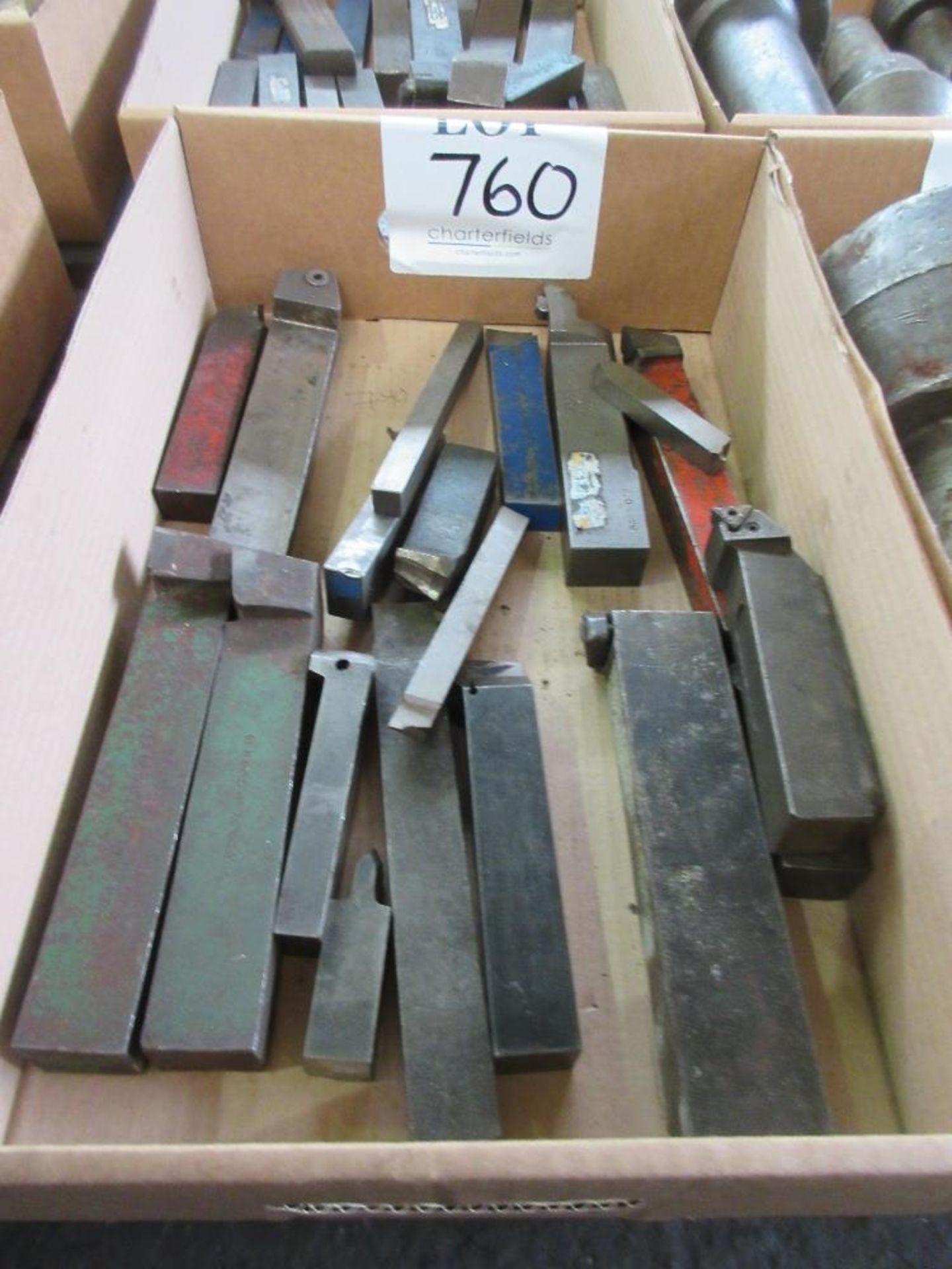 Box of various lathe cutting tools and tool holders