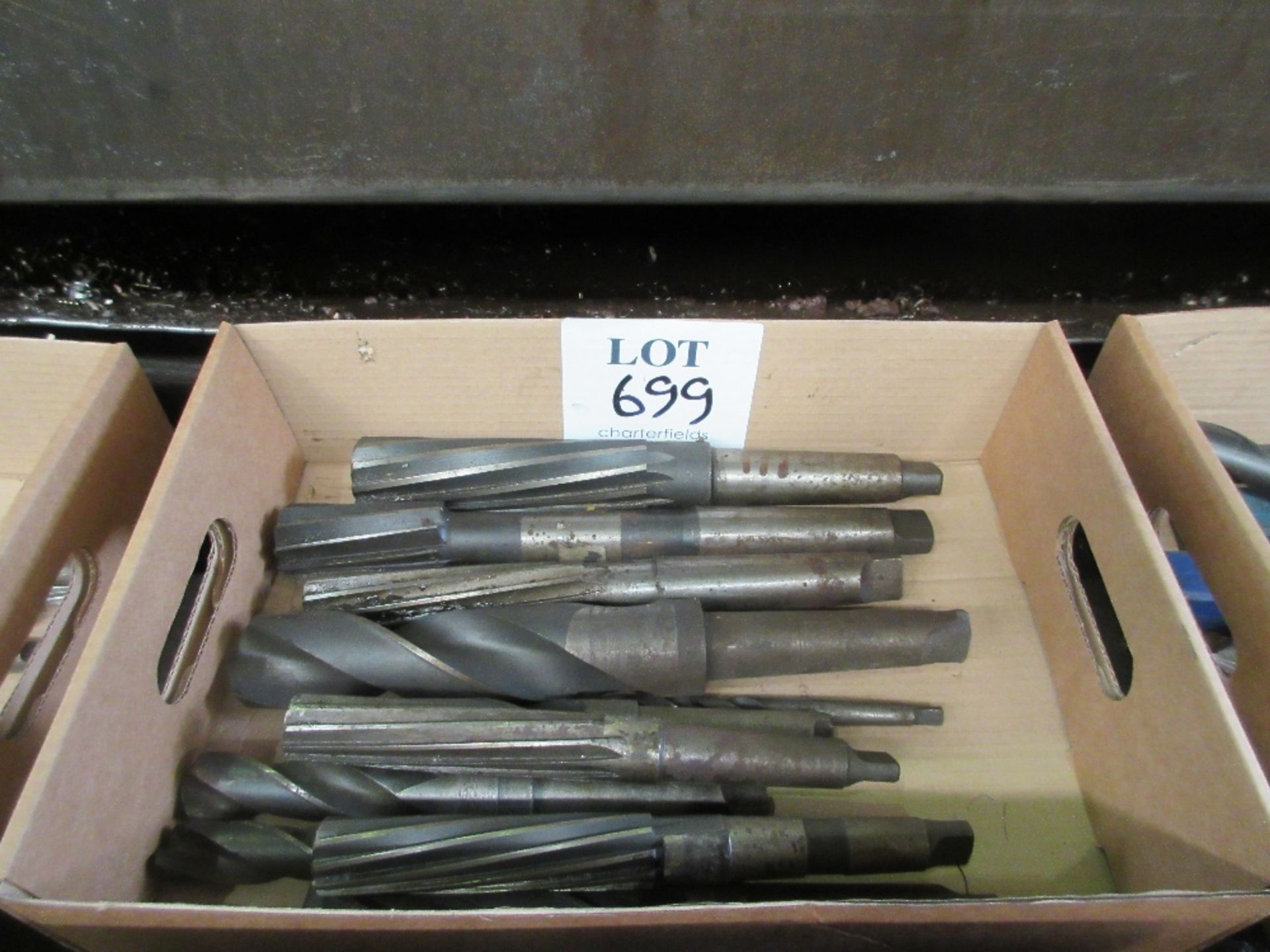 Box of various Morse taper reamers and twist drills