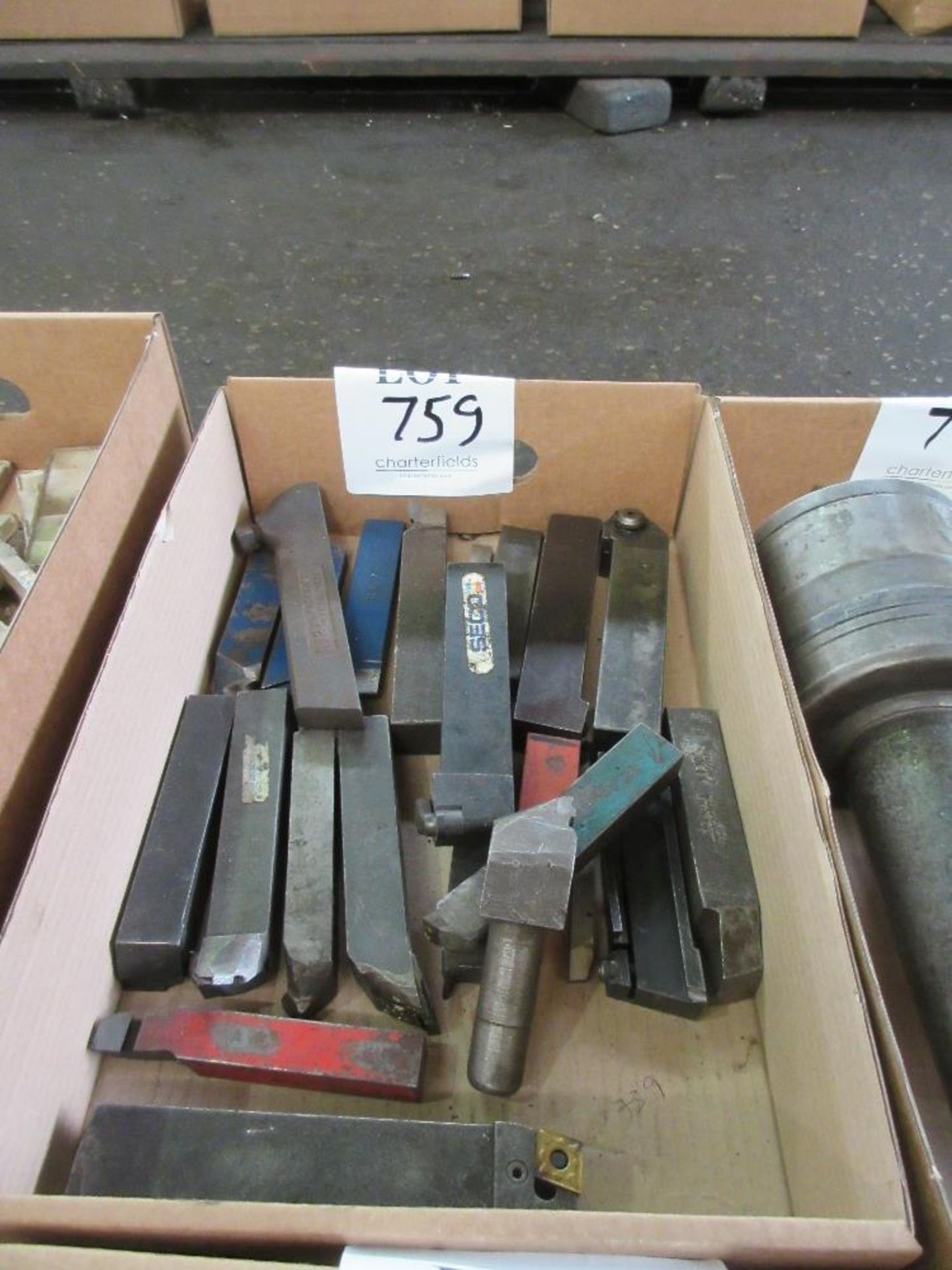 Box of various lathe cutting tools and tool holders