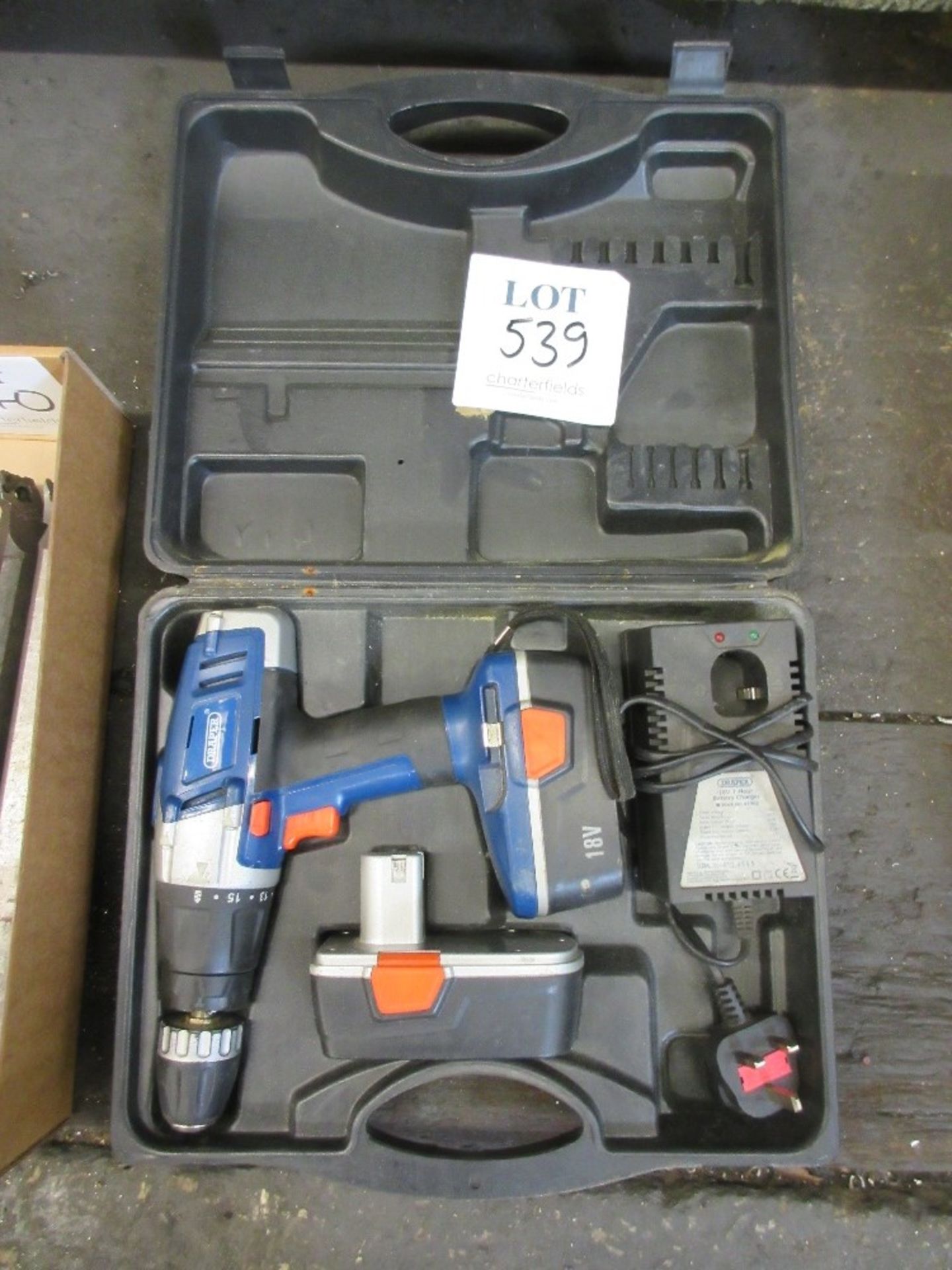 Draper 18V cordless drill with spare battery and charger