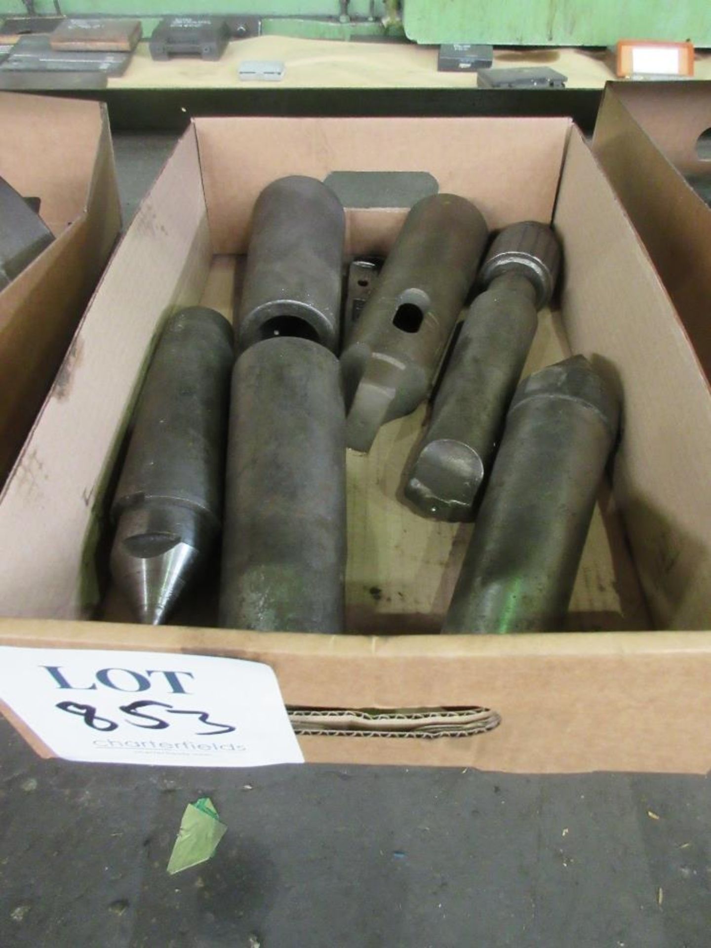 Box containing 3 - morse taper sleeves, 2 - dead centres and drill chuck