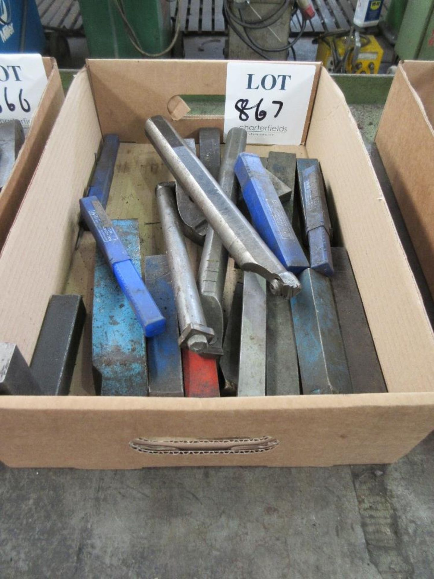 Box of various lathe cutting tools