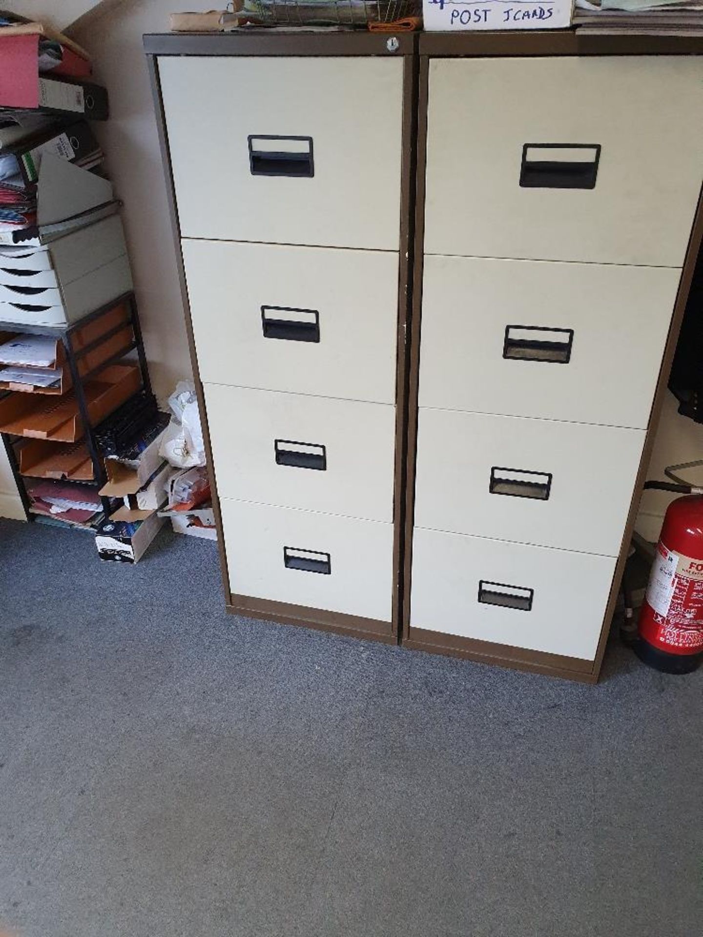 Office contents to include 2 - desks, 2 - filing cabinets, steel double door cabinet, HP Laserjet