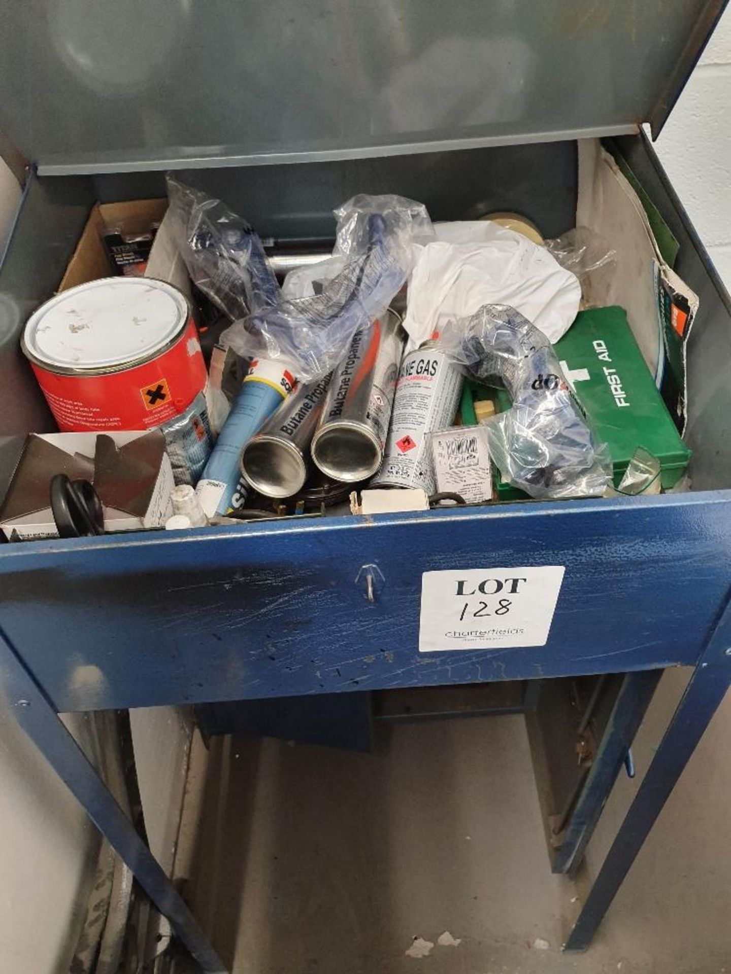 Metal box and contents to include sprays, gases and spares