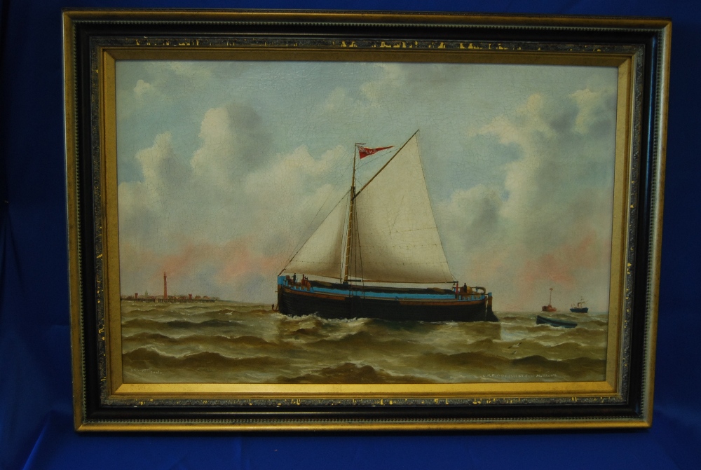 Oil painting by Reuben Chappell of LHB of Grimsby, Captain Matthews, in wooden frame.