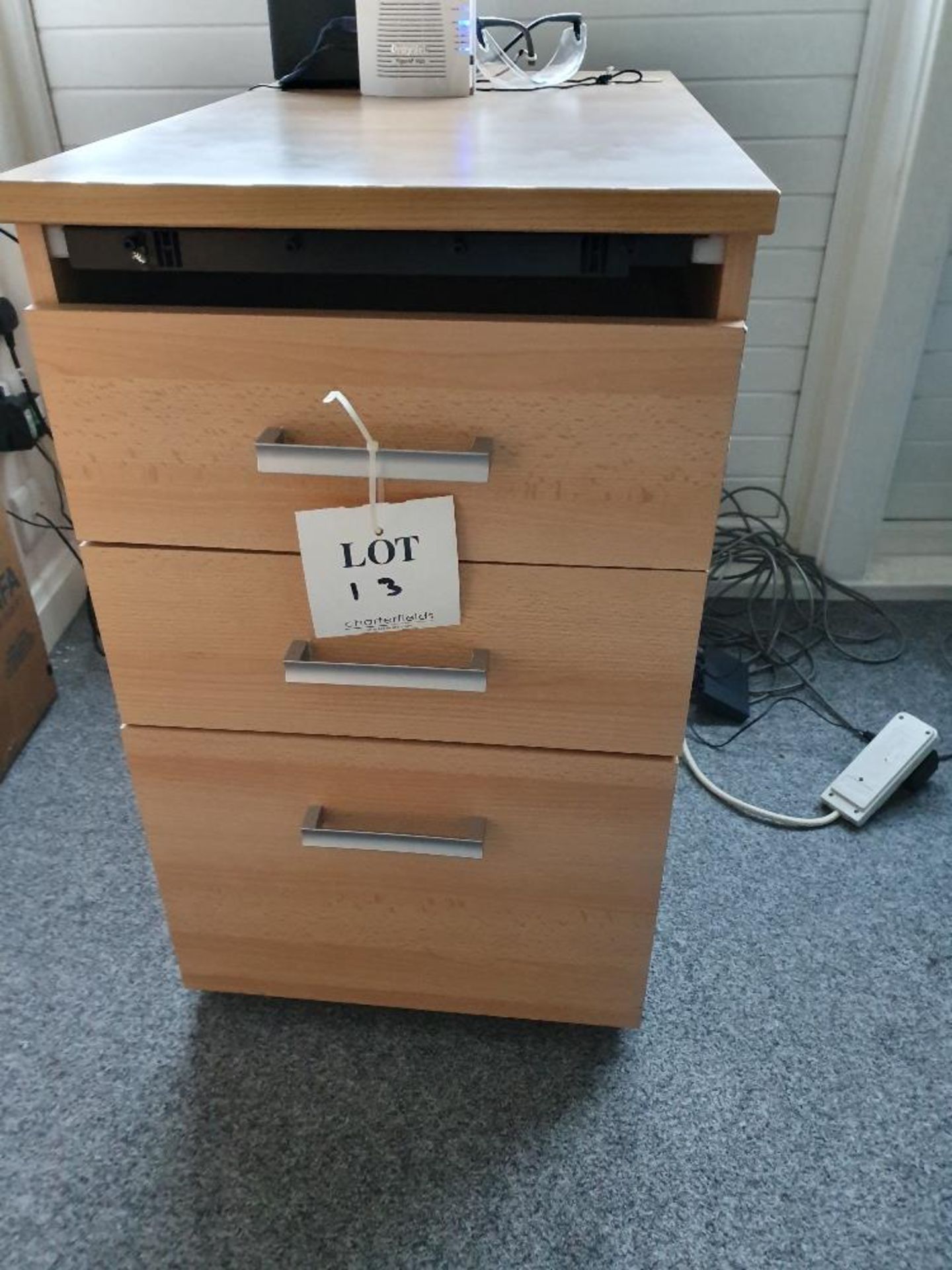 Wooden filing cabinet, containing three drawers and three drawer desk pedestal