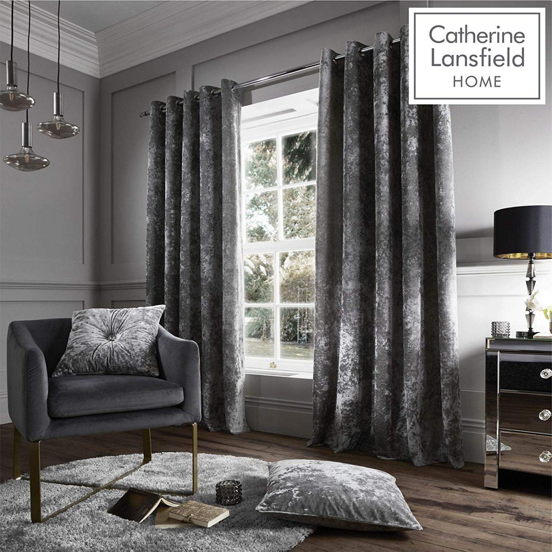 Catherine Lansfield Crushed Velvet Eyelet Curtains Silver, 66x90 Inch RRP £69.99