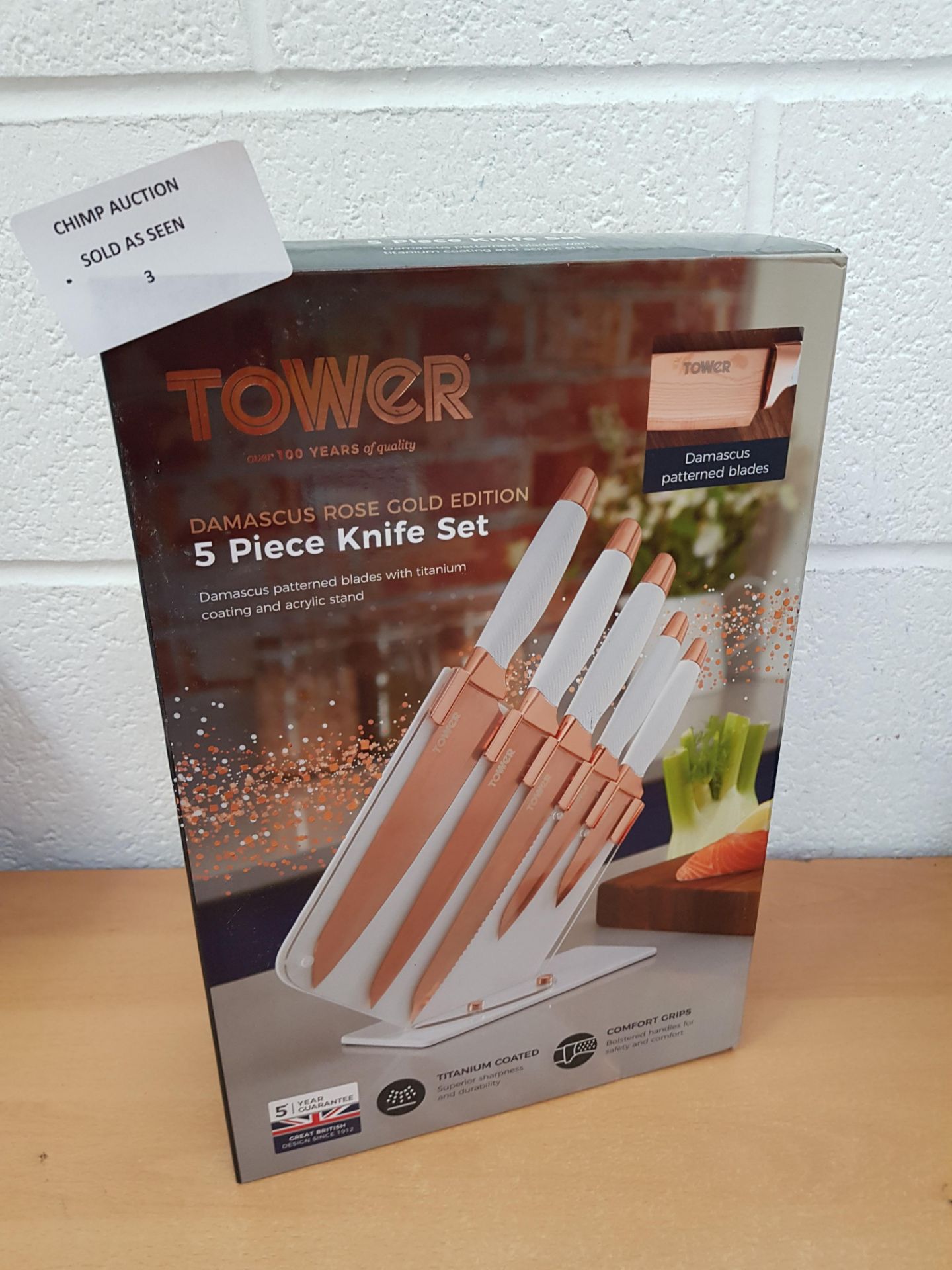 Tower Damascus Effect Knife Set, Stainless Steel Blades & Acrylic Stand