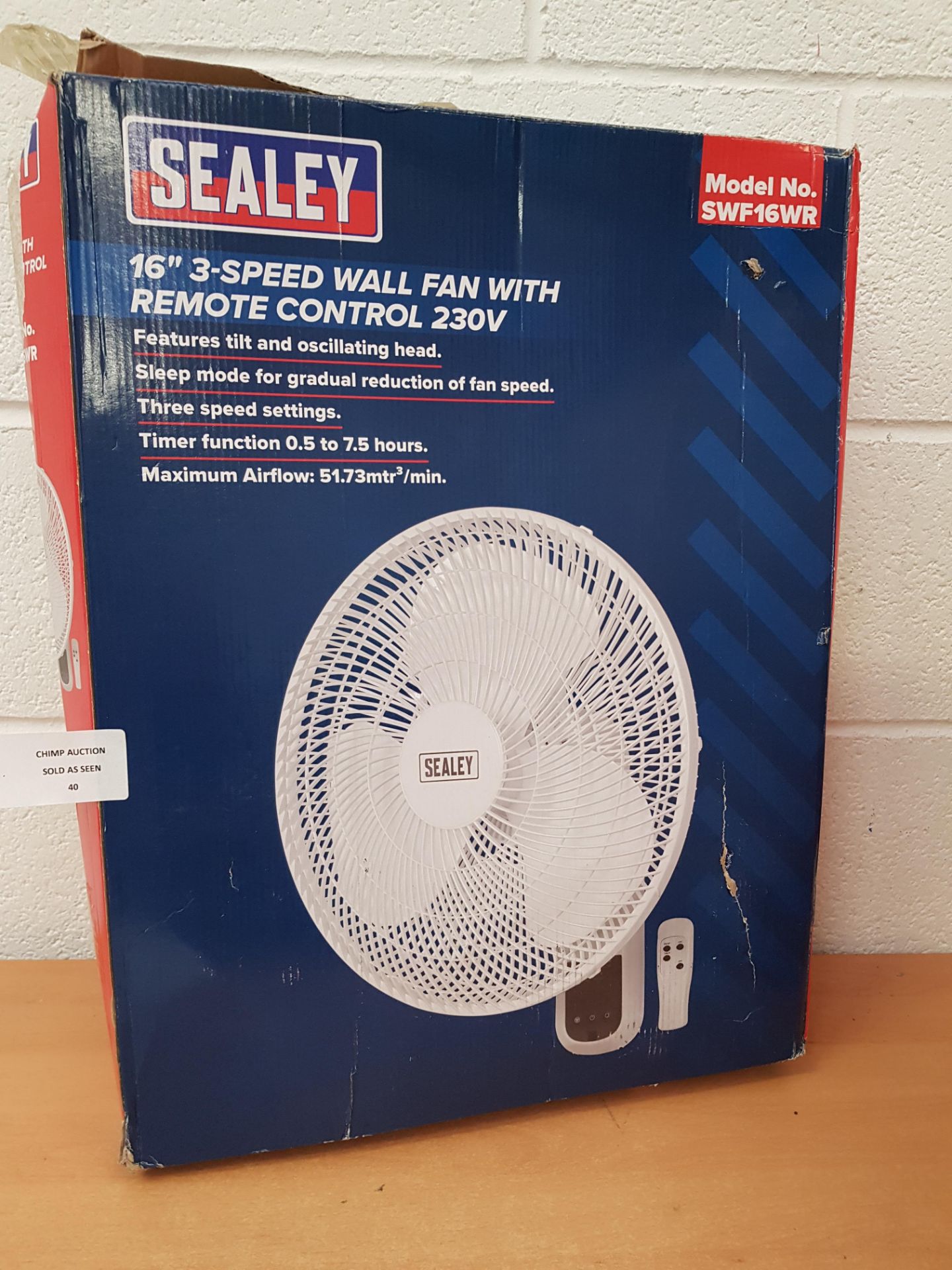 Sealey SWF16WR 16" 3-Speed Wall Fan Remote Control 230V RRP £59.99