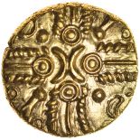 Tasciovanos Hidden Faces. TASCIAVAN[S] Type. c.25BC-AD10. Celtic gold stater. 16mm. 5.54g.