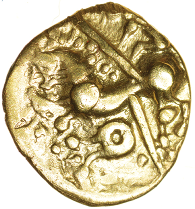 Crossed Lines with Rider. Nervii? c.115-100 BC. Celtic gold quarter stater. 13mm. 1.84g. - Image 2 of 2
