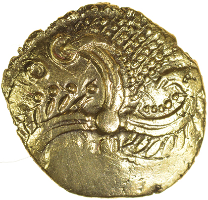 Huxtable’s Eagles. c.55-45 BC. Celtic gold quarter stater. 13mm. 1.38g.