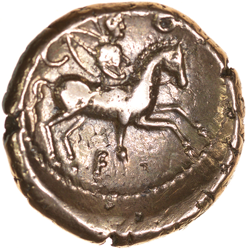 Verica Vine Leaf. Prancing Horse. c.AD10-40. Celtic gold stater. 17mm. 5.27g. - Image 2 of 2