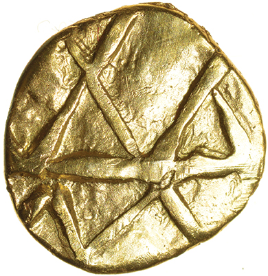 Crossed Lines with Rider. Nervii? c.115-100 BC. Celtic gold quarter stater. 13mm. 1.84g.