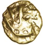 Boat Tree. Wedge Type, Two Symbols. Morini. c.60-50 BC. Celtic gold quarter stater. 11mm. 1.46g.