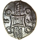 Tasciovanos Trailing Rein. c.25BC-AD10. Celtic silver unit. 12mm. 1.21g.