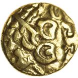 Norfolk Wolf. Right Type with Hook Fibula & Hidden Face.c.55-50 BC. Celtic gold stater. 16mm. 6.05g.