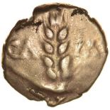 Cunobelinus Wild Curved Leg Type. Sills class 3e. c.AD8-41. Celtic gold quarter stater. 13mm. 1.29g.