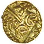 North East Coast. Left Type with Pellet and Triangles. c.60-50 BC. Celtic gold stater. 17mm. 5.95g.