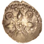 Gisleham Glory. Talbot dies A/3.c.40-20 BC. Celtic gold quarter stater. 10-13mm. 0.94g.