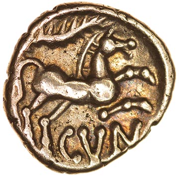 Cunobelinus Linear. Sills class 2, dies 15/16. c.AD8-41. Celtic gold quarter stater. 11mm. 1.29g. - Image 2 of 2