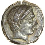 Patraos Fallen Foe. c.late 4th cent BC. Celtic silver tetradrachm. 24mm. 9.44g.